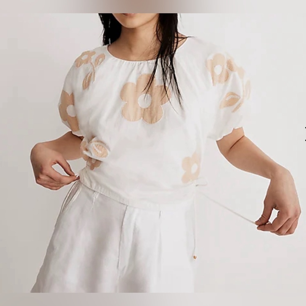 NWT Madewell Embroidered Poplin Puff-Sleeve Cutout Crop Top - Picture 3 of 7